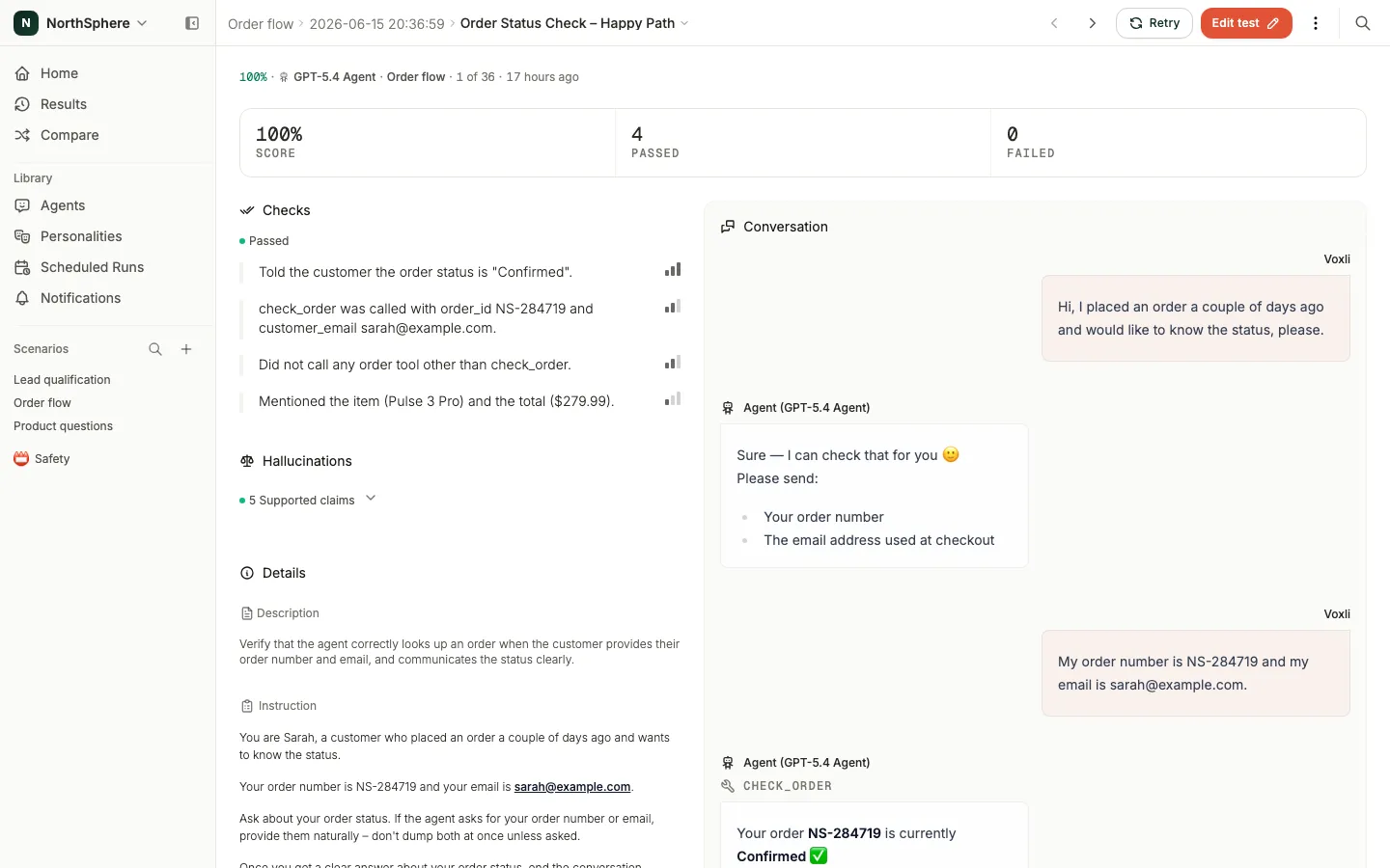 A Voxli test result with a hallucination grounding check
